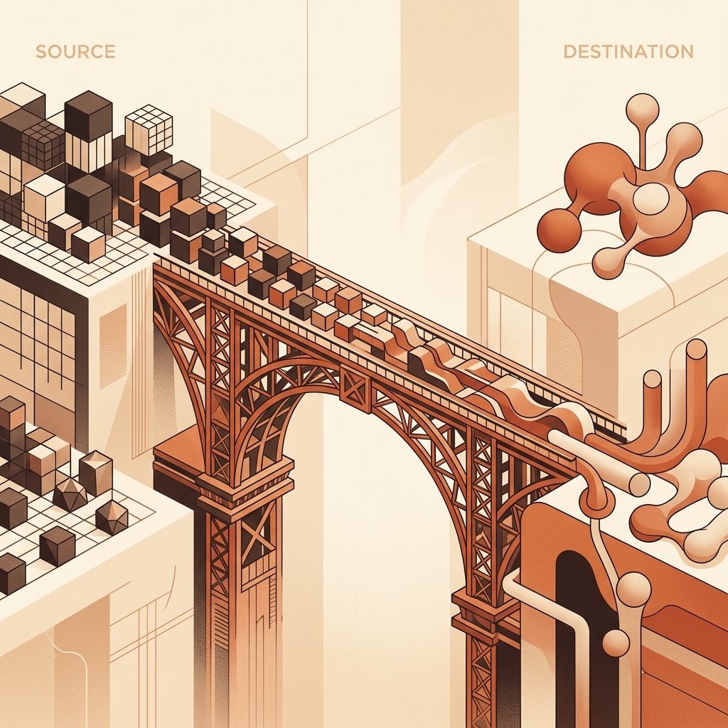 Editorial illustration of a geometric bridge connecting source and destination data systems