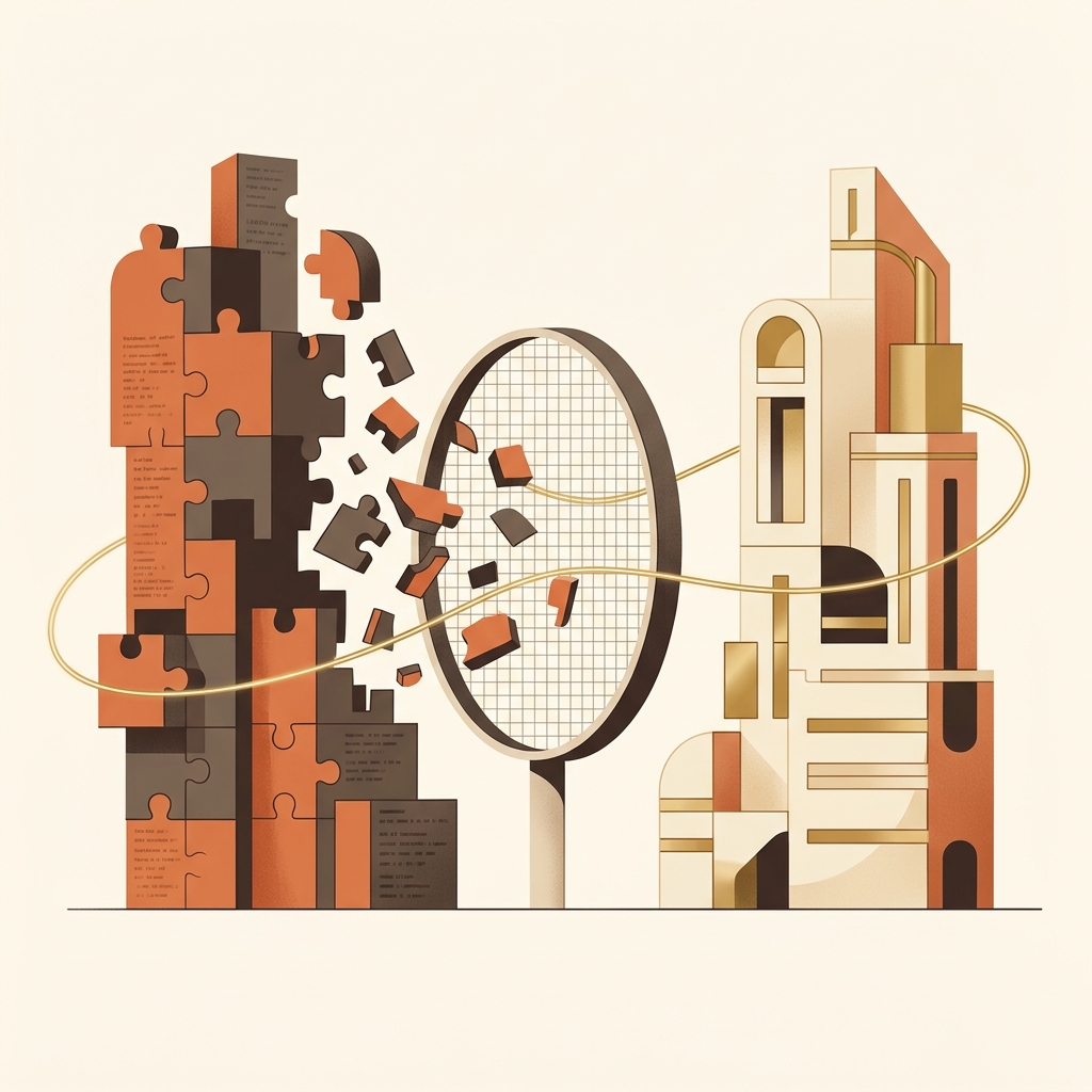Editorial illustration showing data structure being translated and rebuilt with a tracking identifier link
